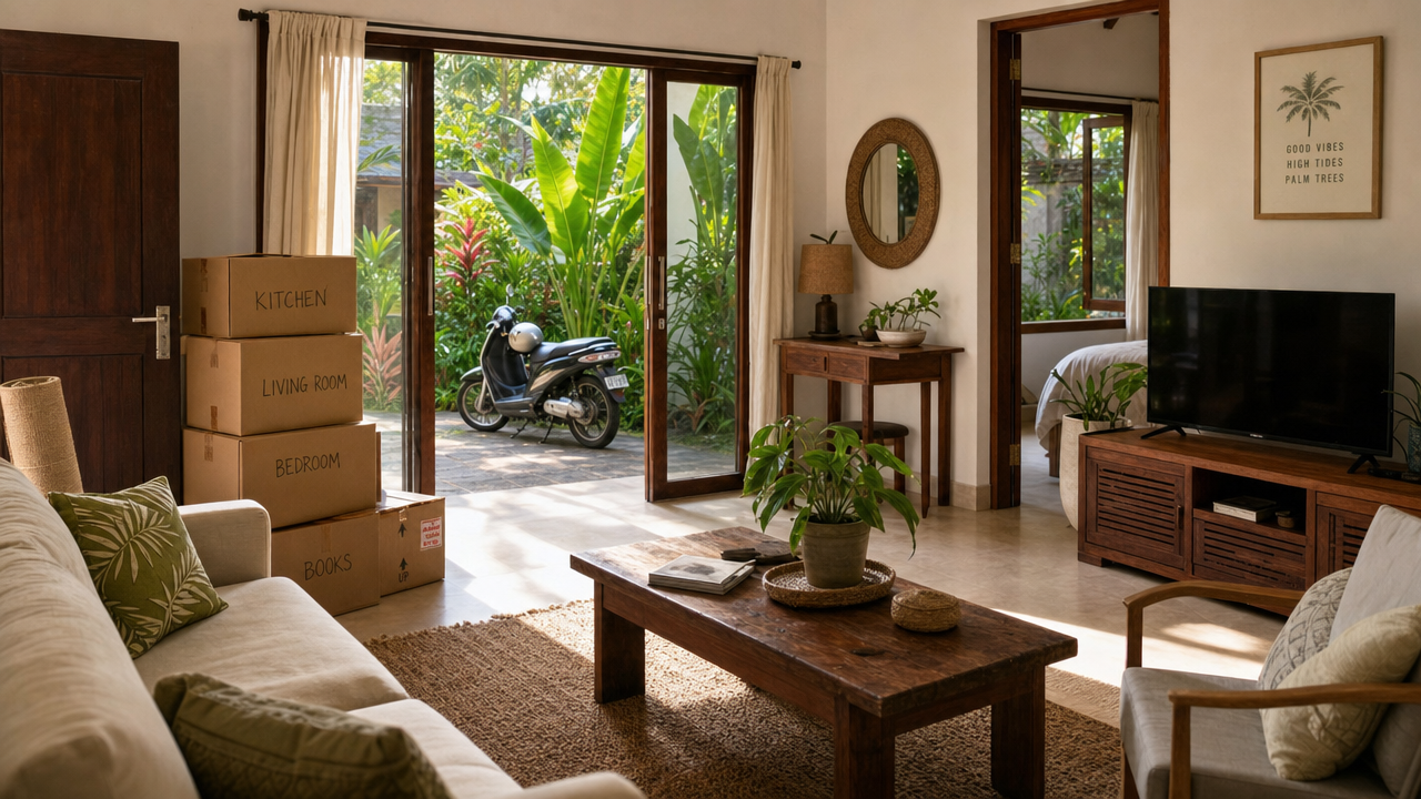 Moving boxes inside a Koh Samui villa during an expat house move