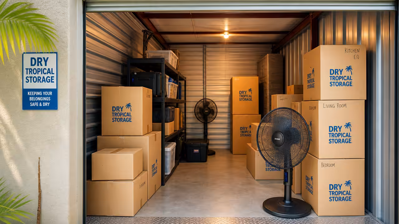 Interior of a long-term storage unit in Koh Samui with stacked boxes and ventilation fans