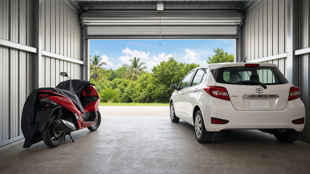 Honda scooter and compact car stored side by side inside a self-storage unit in Koh Samui with roller door open