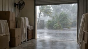 Boxes and covered furniture staying dry inside a ventilated self-storage unit in Koh Samui during tropical rain
