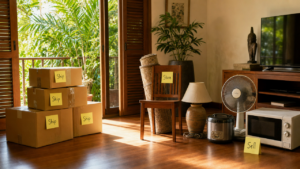 Villa living room with belongings sorted into ship, store, and sell piles during a Koh Samui relocation