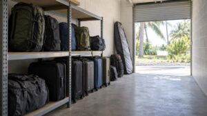 Backpacks, suitcases and a board bag stored on shelving inside a secure luggage storage room in Koh Samui